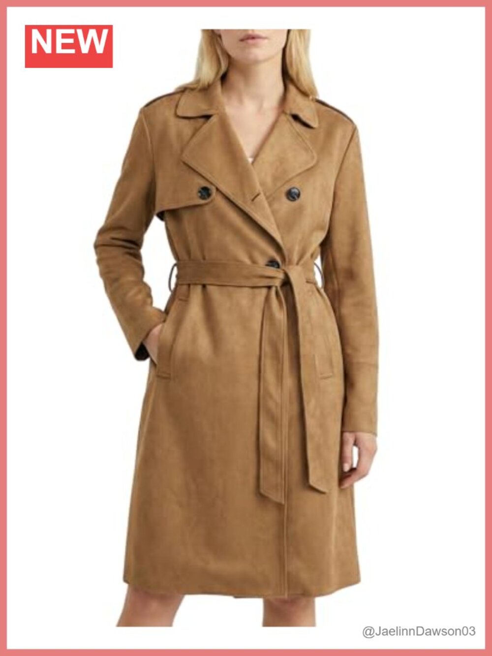 Faux Suede Trench Coat Women Long Notched Collar Double Breasted Belted